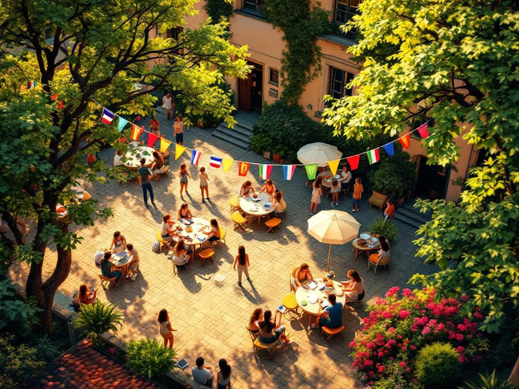 Teenagers studying outdoors at summer language camp with international flags and ivy-covered academy building
