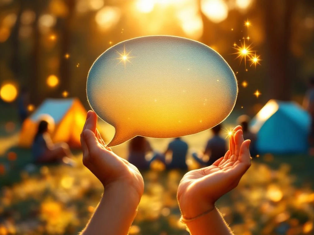 Child's hands holding colorful fabric speech bubble with sparkling light effects, camping circle silhouettes in background