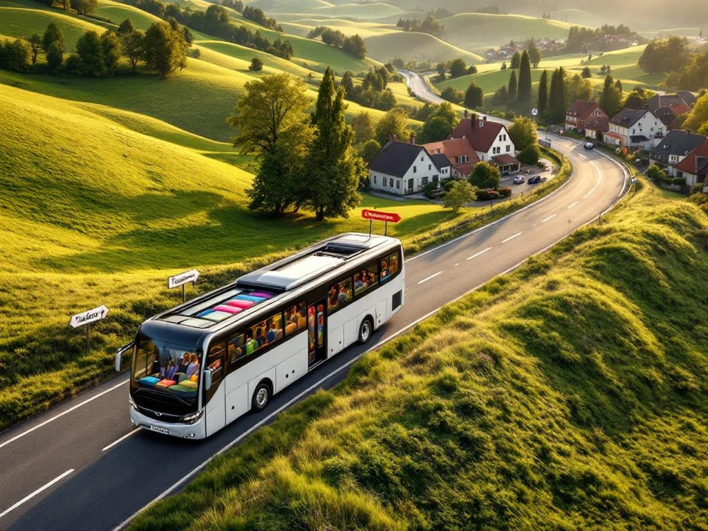 Luchtfoto van charterbbus met studenten op weg naar Taalkamp door Belgisch landschap met groene heuvels