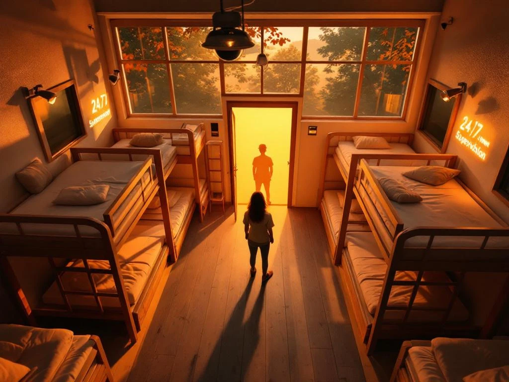 Modern summer camp dormitory at dusk with bunk beds, camp counselor in doorway, and 24/7 supervision sign ensuring safety.